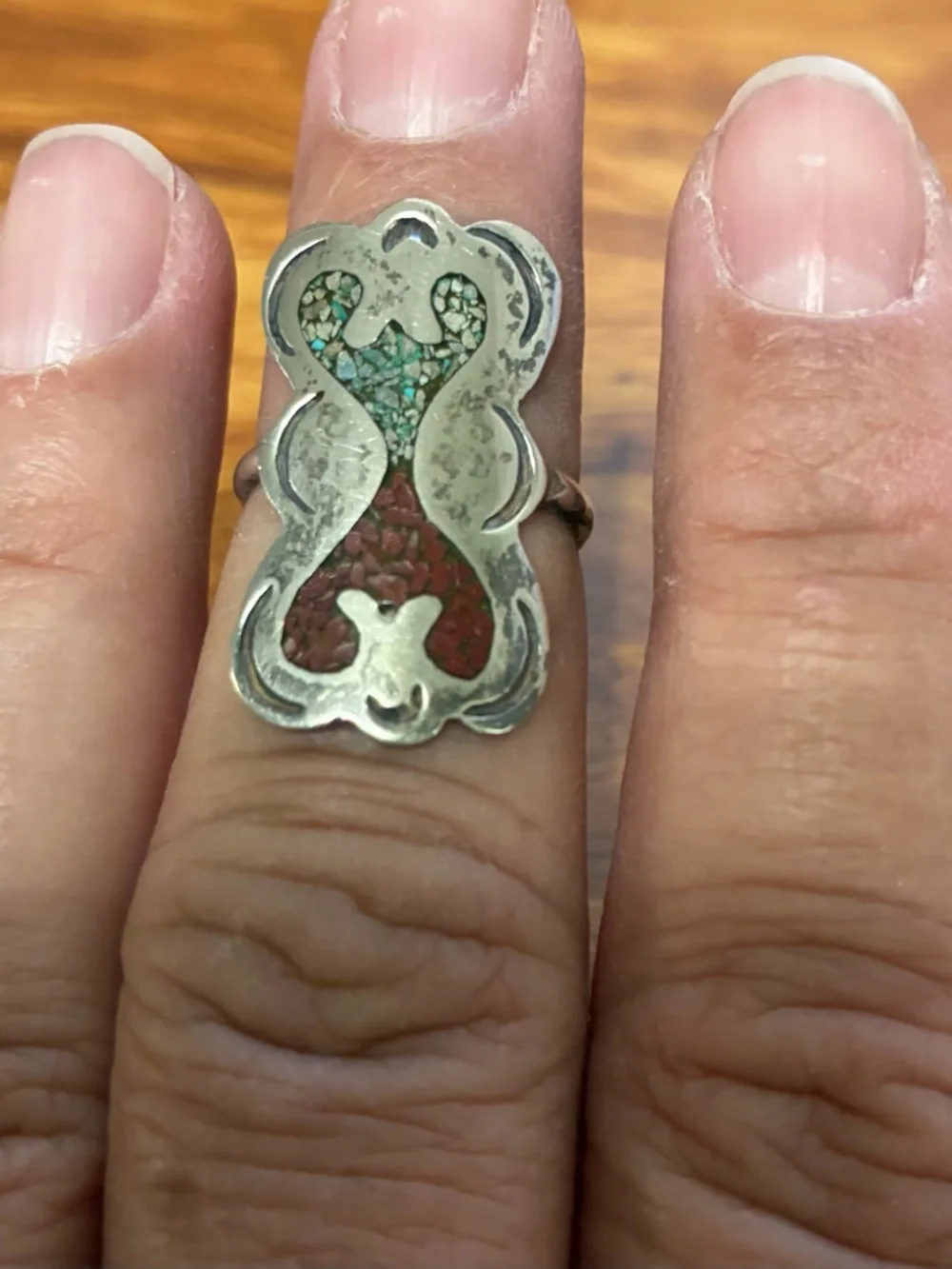 Vtg Native American Sterling Silver Turquoise & Coral Inlay ring size 6.5 - Picture 3 of 3